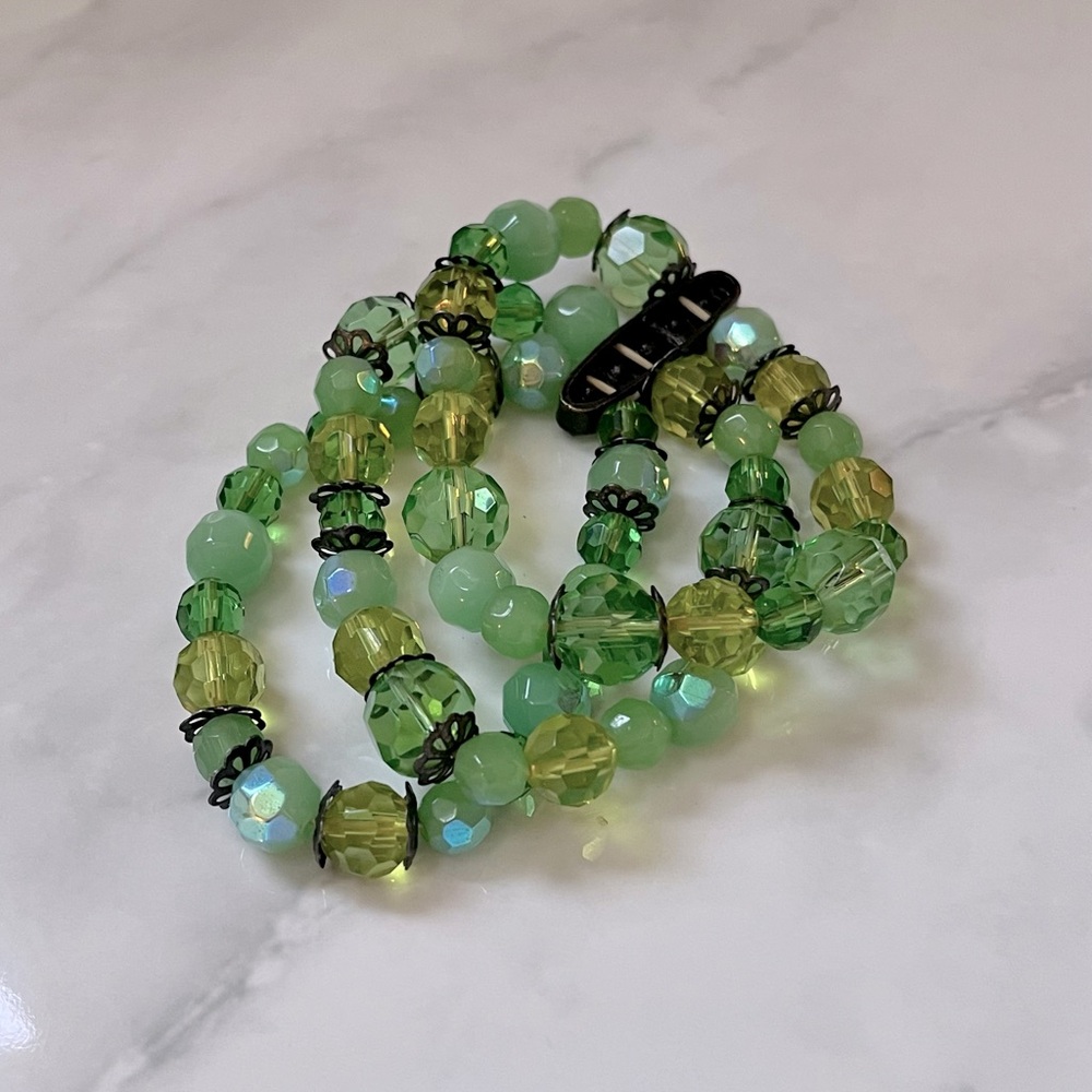 🌸3/$25 Vintage Triple Strand Green Beaded Rhinestone Stretch Bracelet Faceted - Picture 10 of 16